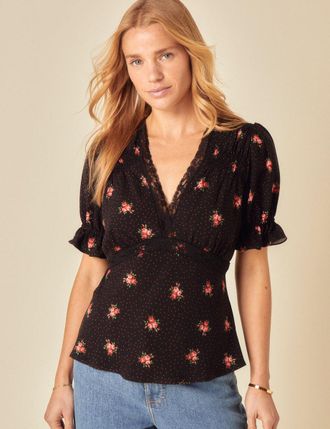 Nobody's Child Black Floral Printed Puff Sleeve Top