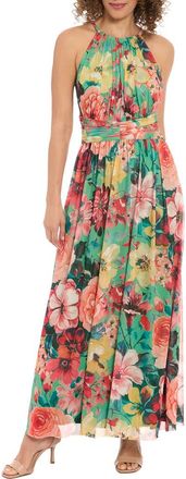 London Times Floral Mesh Maxi Dress in Green/Peach at Nordstrom Rack, Size 14