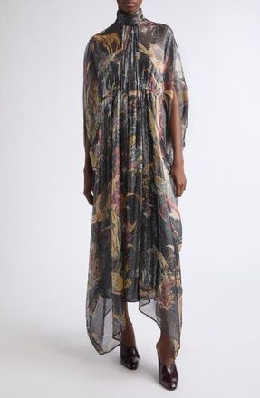 Etro Metallic Stripe Print Silk Chiffon Dress in Black at Nordstrom, Size 40