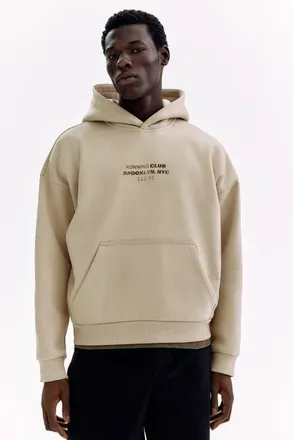 H&M Loose Fit Hoodie in Beige/running Club at Nordstrom, Size Xx-Large
