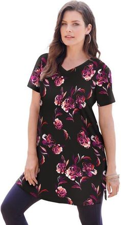 Roaman's Plus Size Ultimate Cotton V-Neck Short Sleeve Tunic in Black Open Floral at Nordstrom, Size Medium