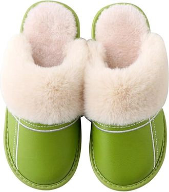 Generic Womens Leather Plush Slippers for Autumn and Winter, Waterproof Home Shoes,Cyan,6.5 UK