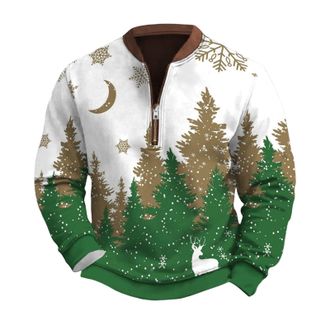 Generic Mens Christmas Sweatshirt 1/4 Zip Pullover Tops Ugly Christmas Tree T-Shirt Reindeer 3D Printed Blouse Casual V Neck Jumper Funny Festive Holiday Swea