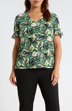 Anne Klein Ruffle Accent Short Sleeve Button-Up Shirt in Tropical Green Multi at Nordstrom, Size 0 X
