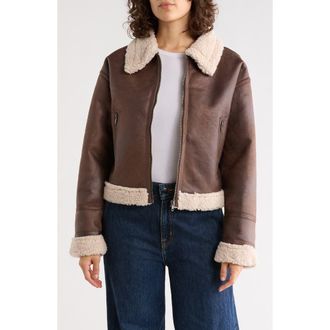Sanctuary Faux Shearling Lined Faux Leather Crop Jacket in Brown at Nordstrom Rack, Size X-Large