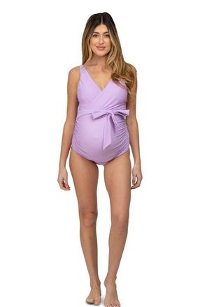 Pinkblush Waist Tie Maternity One-Piece Swimsuit in Lavender at Nordstrom, Size Medium