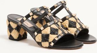 Valentino Garavani Sandalo Slide Rockstud Con Ricamo In Rafia Check 60Mm Donna NATURALE/NERO 36.5