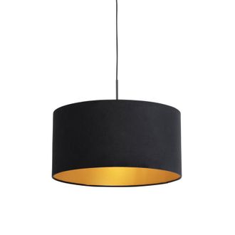 QAZQA Cl&aacute;sico/antiguo L&aacute;mpara Colgante Con Pantalla De Terciopelo Negro Y Dorado 50 Cm - Combi Textil /acero Cil&iacute;ndra /alargada /redonda Adecuado Para Led M