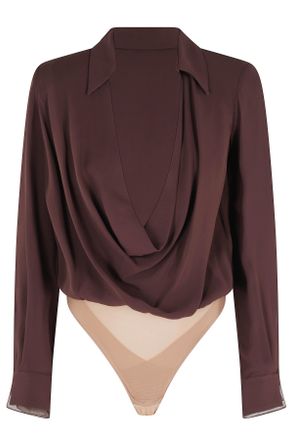 Elisabetta Franchi Brown Organza-Inserts Padded-Shoulders Viscose Bodysuit