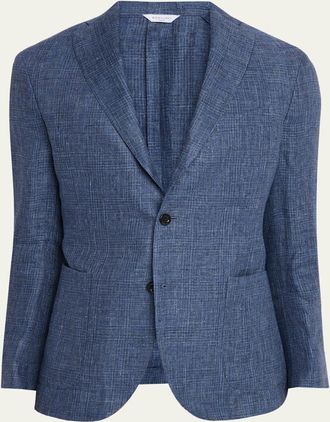 Boglioli Mens Plaid Linen Denim Single-Breasted Blazer