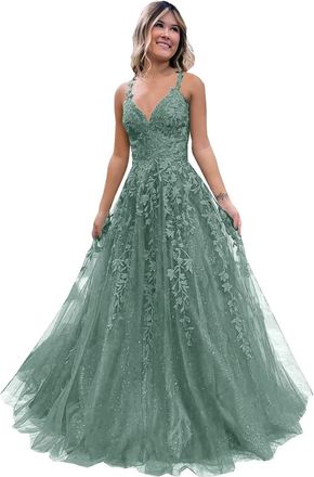 Generic Womens Lace Applique Prom Dresses Long Tulle Bridesmaid Dress A Line V Neck Formal Party Ball Gowns with Slit Jade XXS