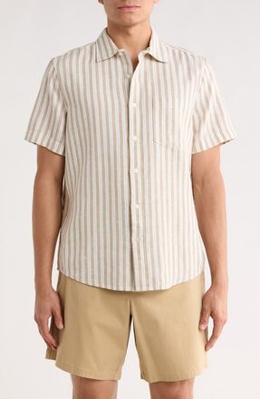 Nordstrom Short Sleeve Linen Blend Shirt in Tan Arthur Stripe at Nordstrom Rack, Size Xx-Large