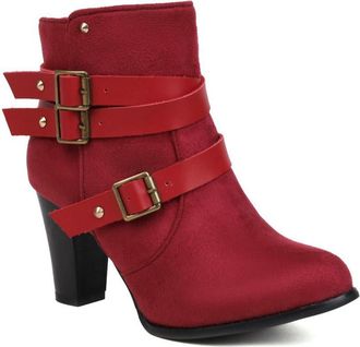 Generic Womens Ankle Boost Side Zipper with Buckle Straps Comfort Round Chunky High Heel Pumps Shoes Winter Plush Shoes (Red,5.5)