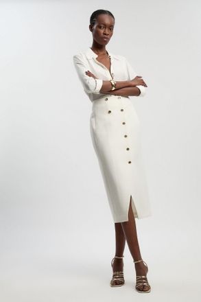 Karen Millen Womens Textured Compact Stretch Button Detail Midi Skirt - White - Size 10 UK