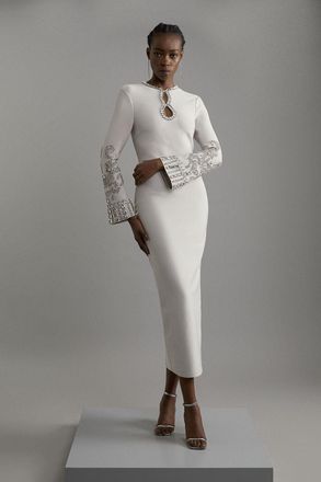 Karen Millen Womens Figure Form Bandage Knit Embellished Wide Sleeve Maxi Dress - Grey - Size X-Small