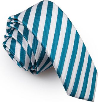 DQT Thin Stripe Fashion Casual Business Party Work Skinny Neck Tie for Men in White and Teal