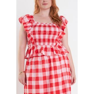 English Factory Gingham Smocked Ruffle Crop Top in Pink/red at Nordstrom, Size 1X
