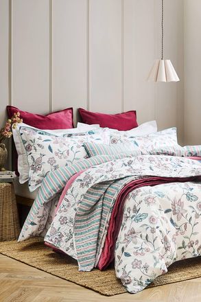 Christy Kew Floral Stripe Reversible Cotton Sateen Duvet Cover Set in Blue | Size: Super King