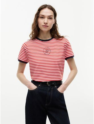Tommy Hilfiger Womens Nautical Script Monogram Ringer T-Shirt - Fire Red / Ecru Stripe - XL