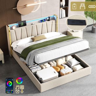 Matteo Luxury 4ft6 Double Upholstered Bed Frame with Hydraulic Storage, LED Headboard & USB-C Charging - Beige Linen