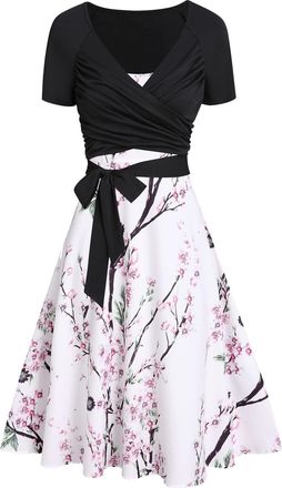 Dressfo Womens Sleeveless Short Sleeve Vintage Summer Dress Waist Tie A Line Casual Womens Clothing, White_1, X-Large