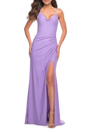 La Femme Long Pastel Dress with Flattering Ruching and Slit in Periwinkle at Nordstrom, Size 00