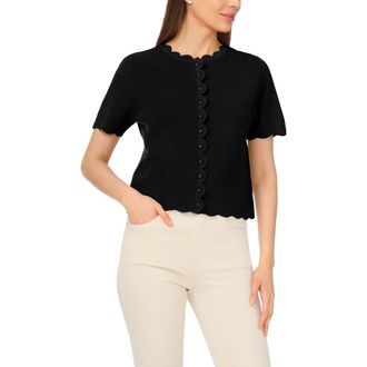 CeCe by Cynthia Steffe Scallop Edge Short Sleeve Cardigan in Rich Black at Nordstrom, Size Xx-Small