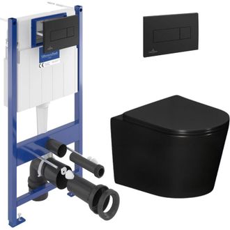 Villeroy & Boch Villeroy&boch - Pack Wc Con Bastidor + Inodoro Suspendido Ceramia Sin Brida + Asiento Softclose + Placa Negra (vcnblcetor4)