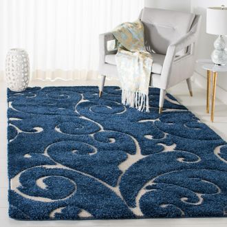 Safavieh Florida Shag Machine Made Area Rug, Dark Blue / Cream Shag & Flokati Style Easy Care