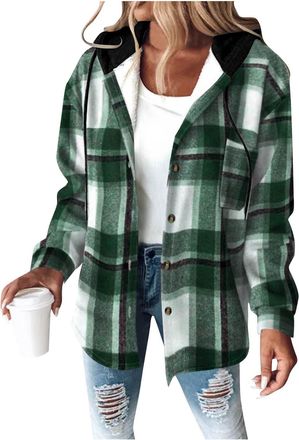 Generic Womens Hooded Flannel Shirt Jacket Fleece Sherpa Lined Plaid Shirts Button Down Fall Winter Coats with Hood Checked Shacket Lumberjack Autumn Outfits 