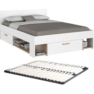 Vente-Unique Vente-unique - Letto 140 x 190/200 cm Con vani portaoggetti Bianco e Naturale + Rete - kinselia