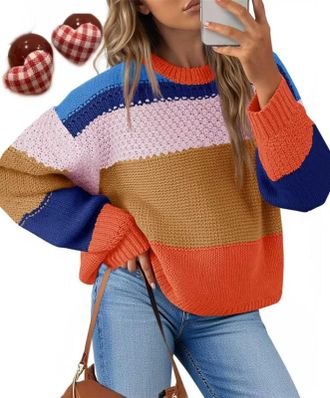 Generic Womens Color Block Cropped Sweaters Winter Trendy Casual 2025 Winter Trendy Oversized Y2k Going Out Striped Pullover Tops