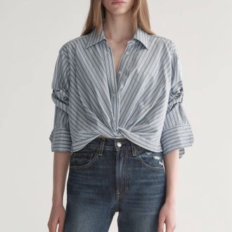 A.L.C. Leo Cropped Cotton Shirt In White/steel Blue