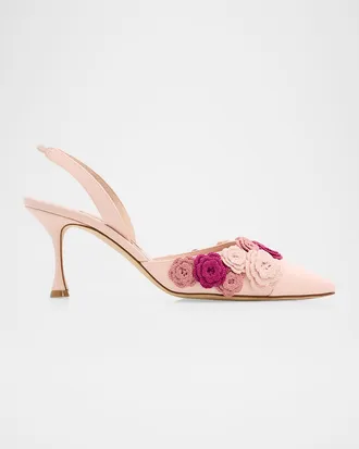 Manolo Blahnik 70mm Svemutasli Gala Floral Satin Slingback Pumps