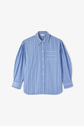 Ganni Nouvean Navy Shirt in Striped Cotton - Size 10/12 Organic