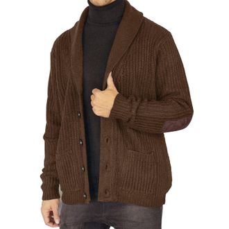 Generic Mens Sweaters Knitted Elbow Patch Shawl Collar Cardigan Sweater Long Sleeve Button Down Knitwear with Pockets Clothes Brown XXL