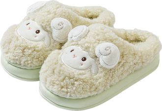 Generic Womens Thick-Soled Cotton Slippers Cute Animal Indoor Slippers Winter Plush Warmth Non-Slip Fleece-Lined Cotton Footwear sheep green 5/5.5 UK