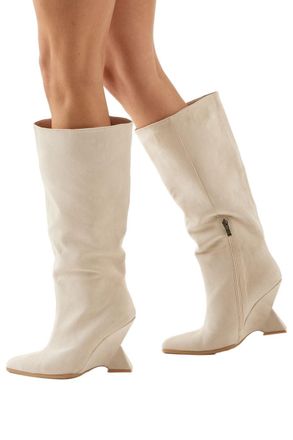 Misspap Faux Suede High Wedge Knee Boots, 7, Beige