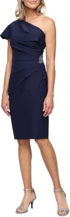 Alex Evenings Pleated One-Shoulder Cocktail Dress in Navy at Nordstrom, Size 16