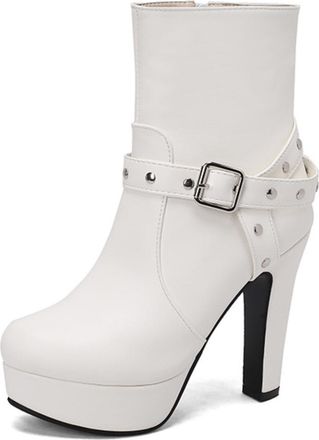 Generic Womens Studded Buckle Ankle Boots PU Leather Round Toe High Block Heels Platform Zip Closure Stylish Durable Comfortable Design,White,9.5 UK