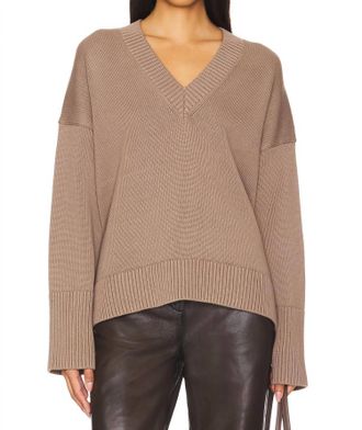 White + Warren Organic Cotton Rib Trim Oversized V-Neck Sweater In Mocha