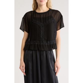 Adrianna Papell Short Sleeve Pieced Sheer Lace & Chiffon Top in Black at Nordstrom Rack, Size X-Small