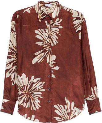 Brunello Cucinelli Overhemden, Dames, Rood, M, Leer, Gedrukte Zijden Blouse