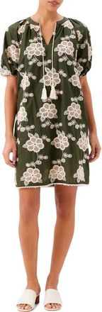 Karen Kane Floral Embroidered Tassel Cotton Dress in Olive/natural at Nordstrom, Size X-Large