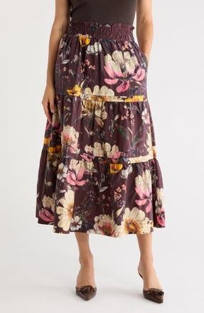 Elie Tahari Floral Tiered Cotton Pull-On Skirt in Chocolate/Vibrant Floral at Nordstrom Rack, Size X-Large