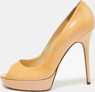 Jimmy Choo London Beige Patent Leather Crown Peep-Toe Platform Pumps