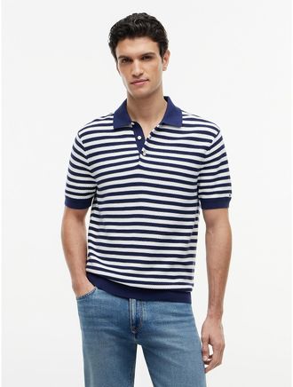 Tommy Hilfiger Mens Short-Sleeve Stripe Waffled Sweater Polo - Navy - XXXL