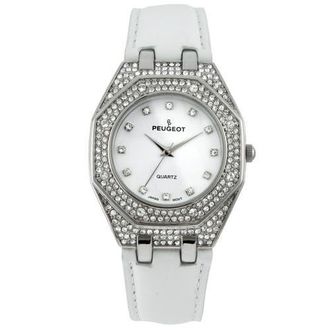 Peugeot Hexagonal Crystal Bezel Leather Watch- 37MM in White at Nordstrom