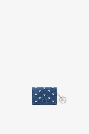 Ganni Blue Bou Card Holder With Flap Heart Studs in Denim