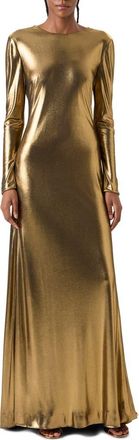 Akris Metallic Long Sleeve Twist Back Jersey Gown in Gold at Nordstrom, Size 12